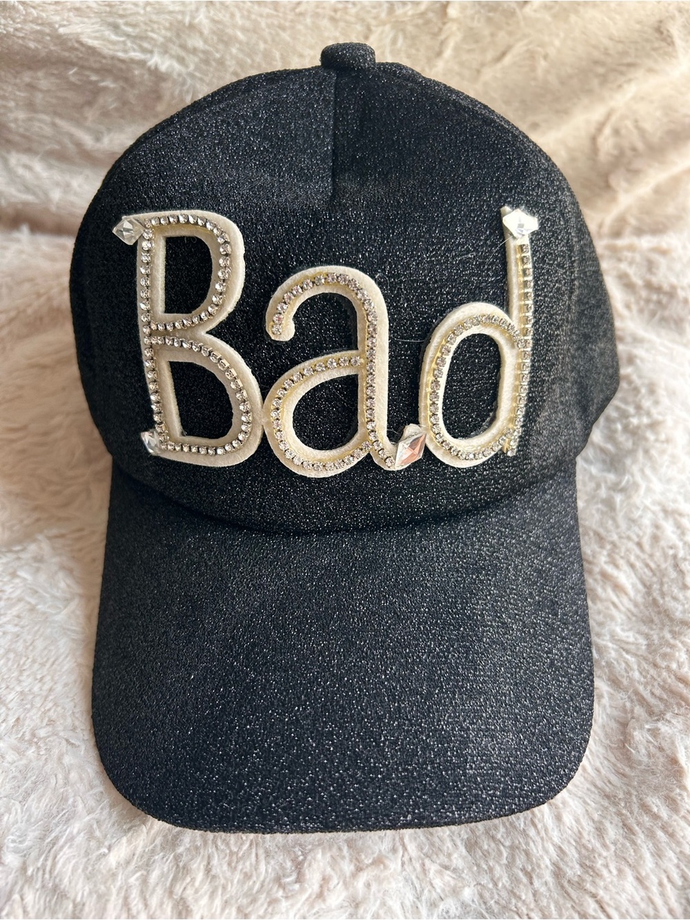 Karma Black Glitter 'Bad' Rhinestone Embellished Cap